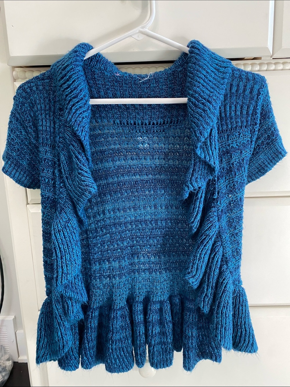 Blue Knit Short-Sleeve Ruffle Cardigan
